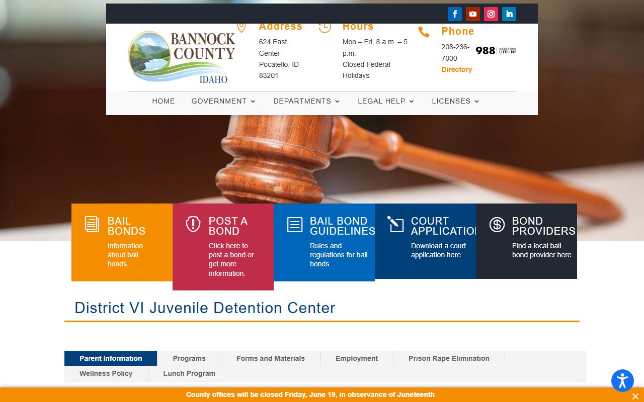 District VI Juvenile Detention Center page for Power County juvenile custody access