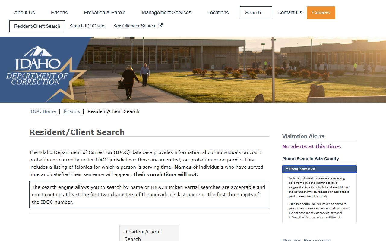 Power County inmate population IDOC resident client search form