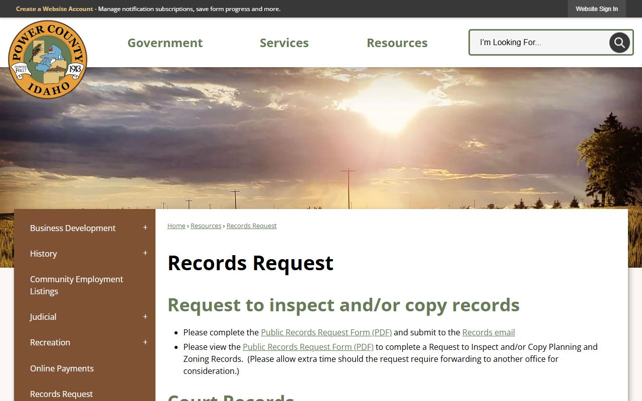Power County court records after jail arrest records request page