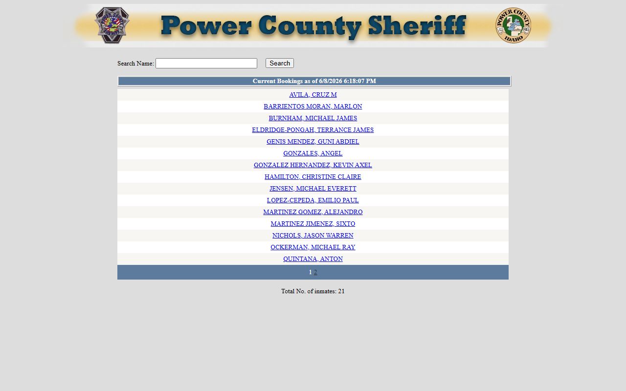 Power County inmate population current bookings roster search