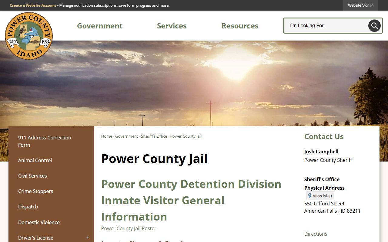Power County Jail information page for inmate records and custody services