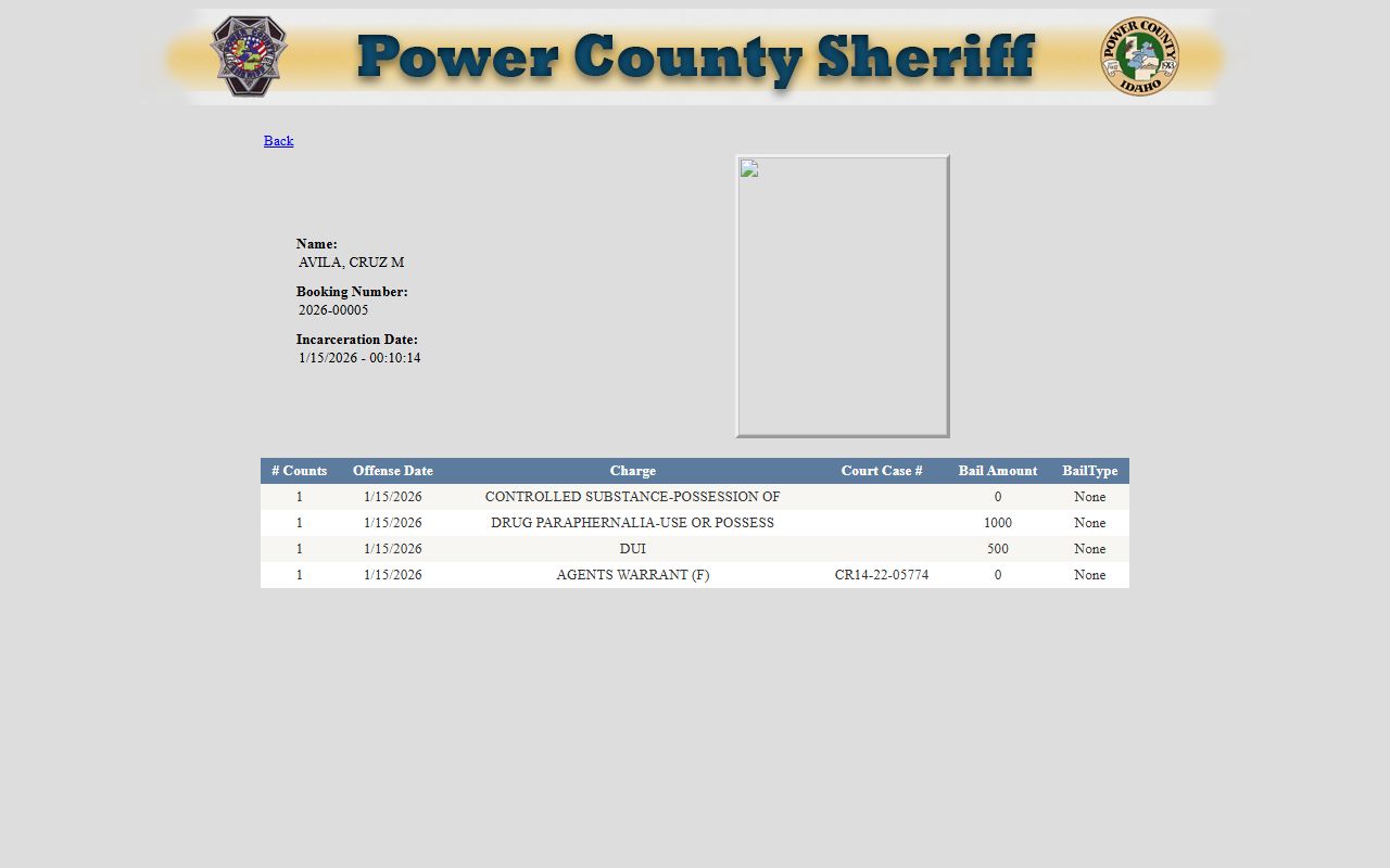 Power County inmate records booking detail profile
